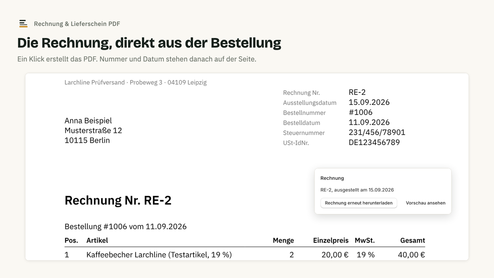 Die Rechnung zu einer Bestellung, mit einem Klick erstellt